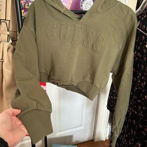 GUESS Olive Cropped Hoodie with Embossed Logo